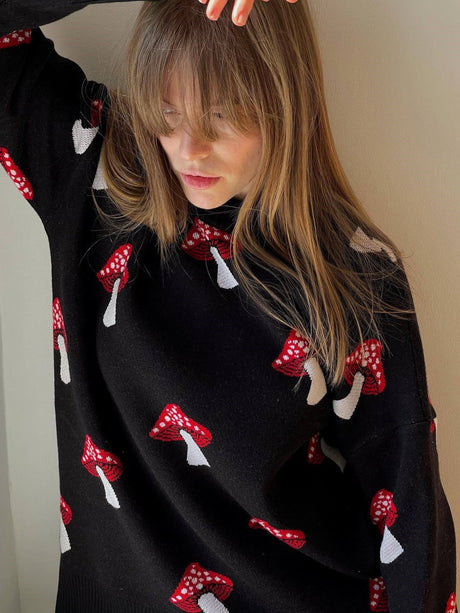 Liber Autumn women's mushroom pattern crochet yarn-dyed pullover sweater