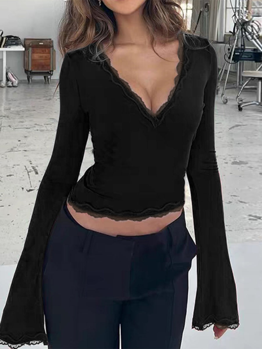 Pullover V-neck Long Sleeve Lace T-shirt