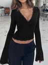 Pullover V-neck Long Sleeve Lace T-shirt