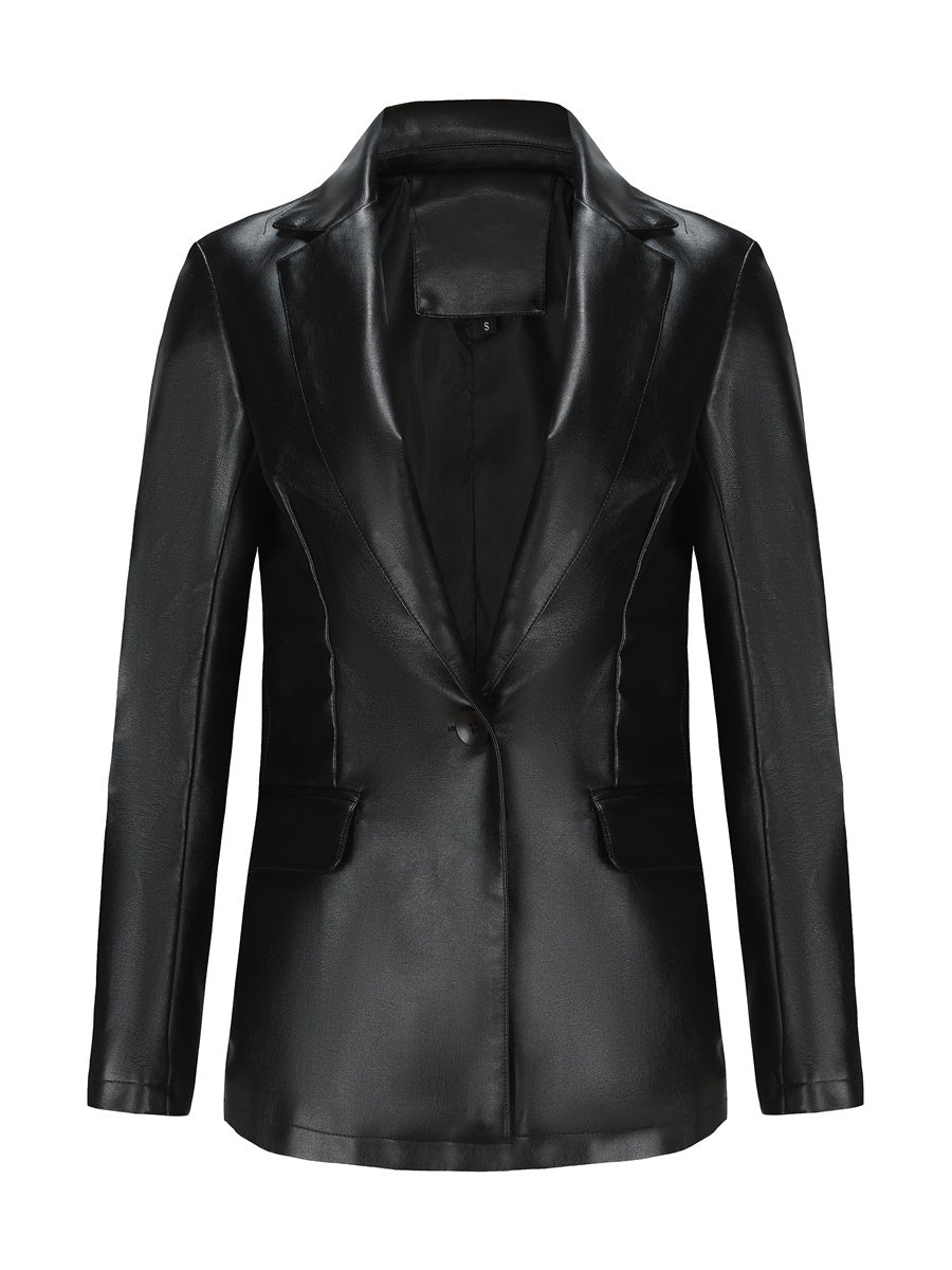 Single Button Pocket Solid Color Leather Jacket