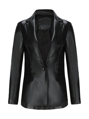 Single Button Pocket Solid Color Leather Jacket