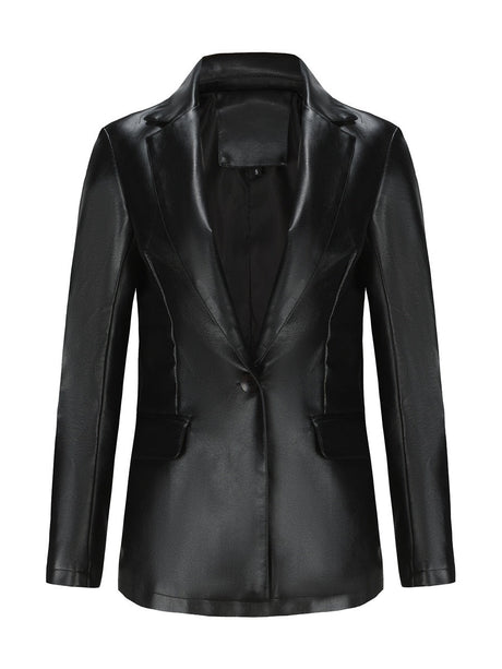 Single Button Pocket Solid Color Leather Jacket