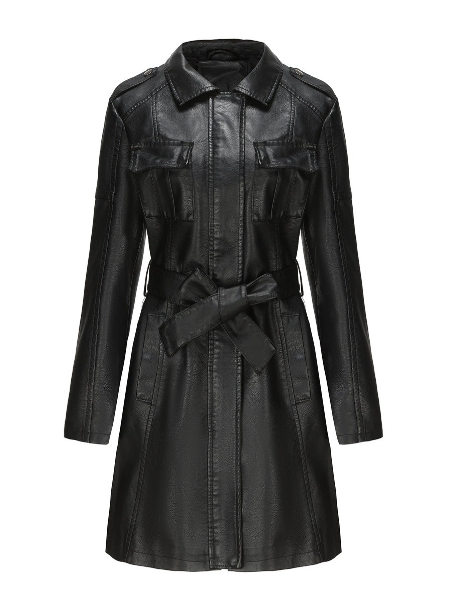 Slim Fit Mid-length Pocket With Belt Leather Jacket