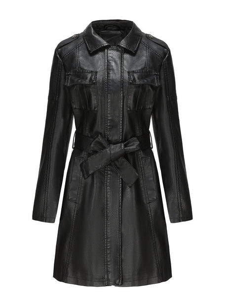 Slim Fit Mid-length Pocket With Belt Leather Jacket