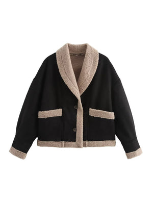 Lapel Pocket Button Wool Coat With Fur Trim, Long Sleeves, Autumn And Winter Coat