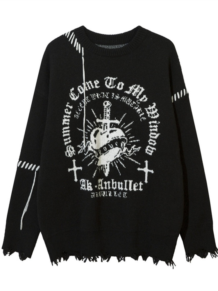 Halloween Dark Cross Jacquard Contrasting Colors Sutures Cut Destroy Sweater
