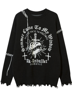 Halloween Dark Cross Jacquard Contrasting Colors Sutures Cut Destroy Sweater