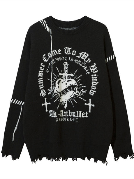 Halloween Dark Cross Jacquard Contrasting Colors Sutures Cut Destroy Sweater