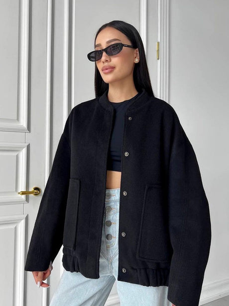 Stand-up Collar, Large Pockets, Button-down, Solid Color Autumn/winter Long-sleeved Jacket