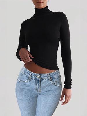 Simplicity Navel Solid Color Turtleneck Long Sleeve T-shirts