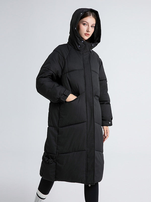 Women's Fur Collar Hooded Down Jacket, Extended Style, Knee-length Thickened Down Jacket，removable Collar
