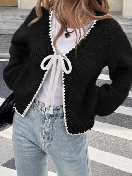 Liber Autumn Women's Chain link Contrasting colors Bandage Cardigans