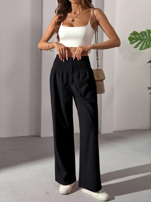 Ruffled Waistband Button High Waist Straight Leg Casual Elegant French Women's Trousers