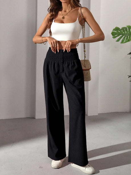 Ruffled Waistband Button High Waist Straight Leg Casual Elegant French Women's Trousers