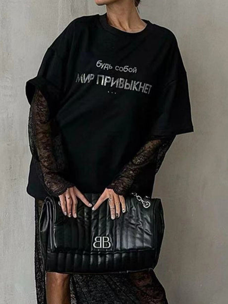 Liber Autumn women's printed ovserzie hot diamond pullover T-shirt