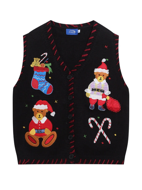 Christmas Little Bear Embroidery V-neck Layering Sweaters Vests