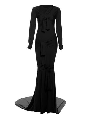 Backless Hollow Long Sleeve Solid Color Temperament Dress Sexy Slim Long Dress