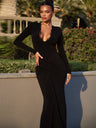V-neck Black Lace Long Sleeve Pleated Tight Fit Formal Evening Long Dress