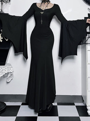 Halloween Batwing Sleeves Slim Fit Black Maxi Dresses