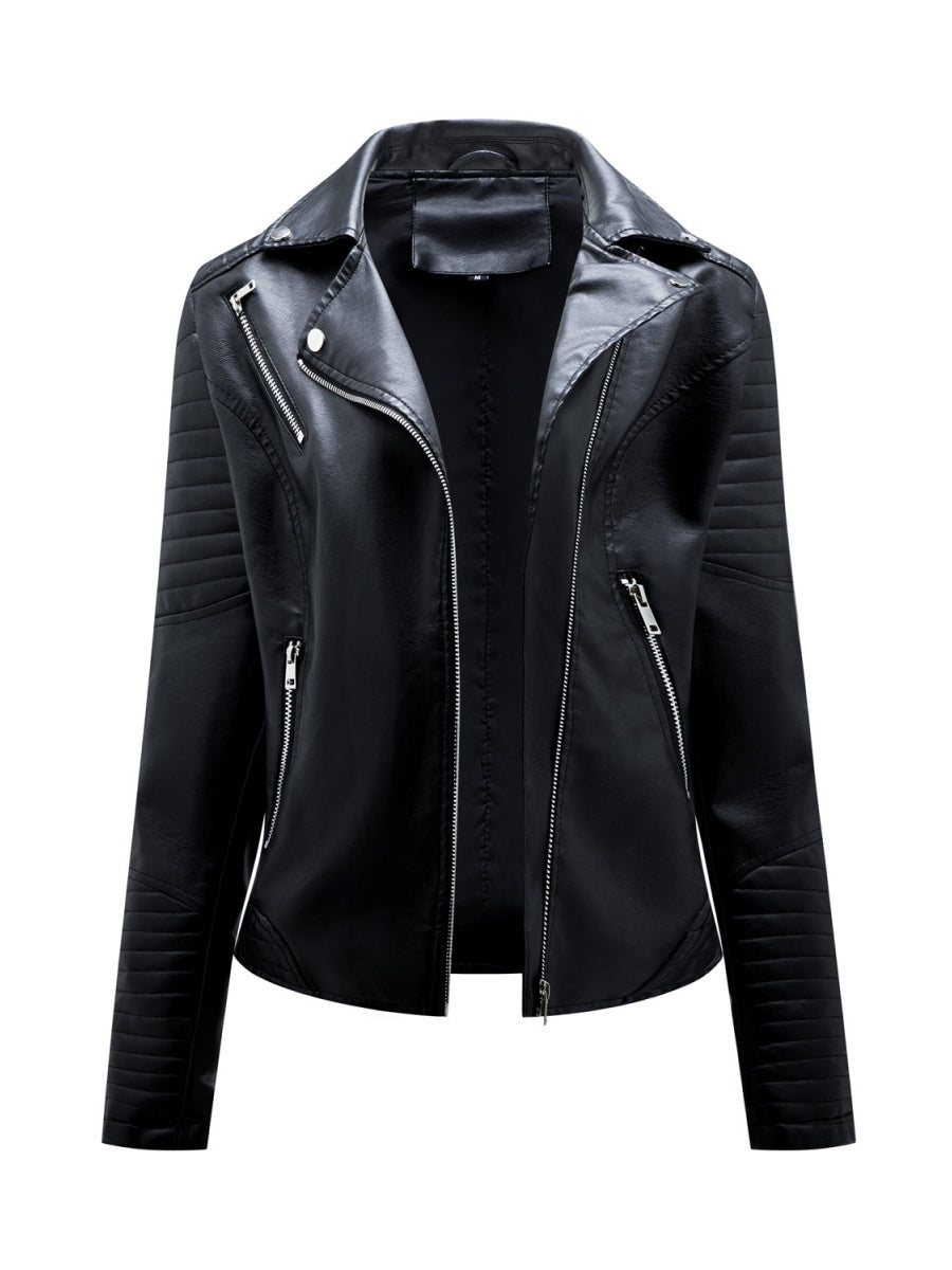 Three-dimensional Decoration Lapel Diagonal Zipper Short Leather Jacket