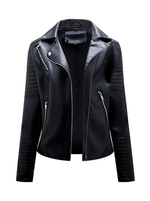 Three-dimensional Decoration Lapel Diagonal Zipper Short Leather Jacket