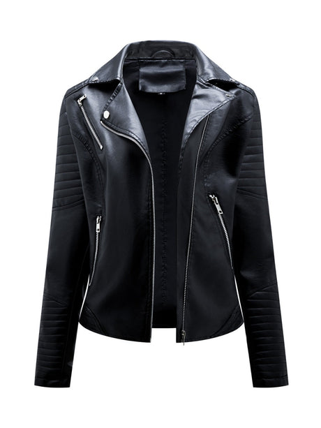 Three-dimensional Decoration Lapel Diagonal Zipper Short Leather Jacket