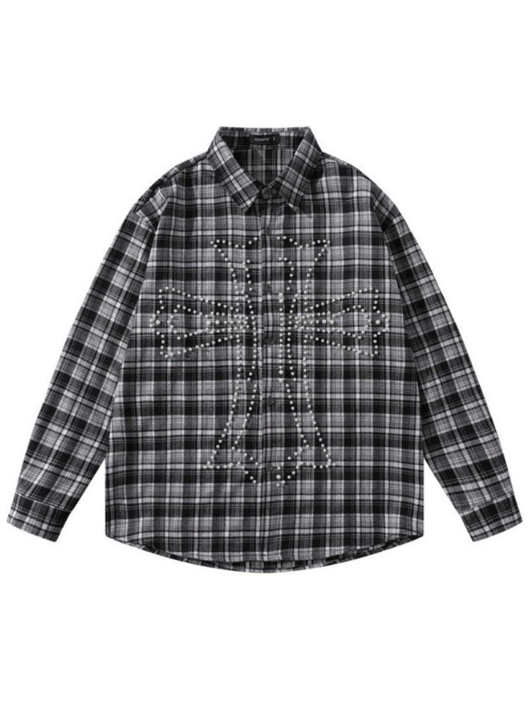 Loose Plaid Cross Beading Long-sleeved Shirt