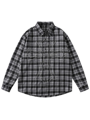 Loose Plaid Cross Beading Long-sleeved Shirt