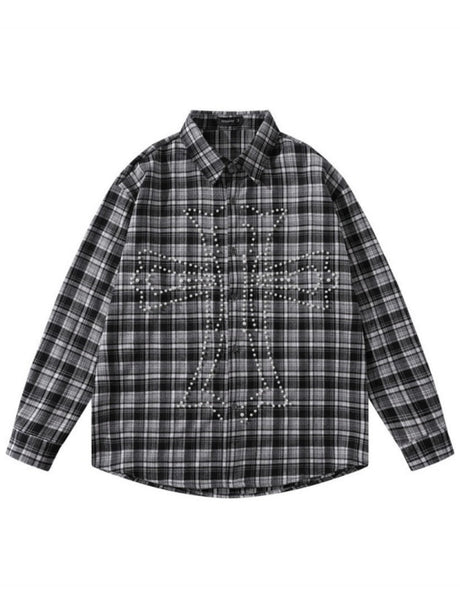 Loose Plaid Cross Beading Long-sleeved Shirt