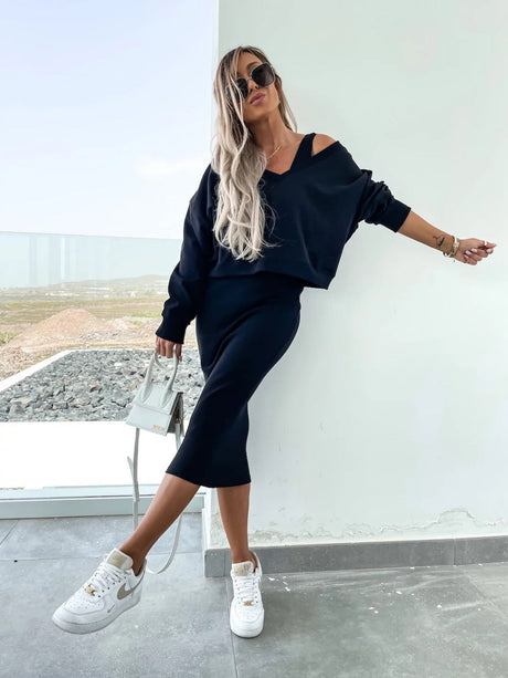 Liber Autumn women's V-neck clothing Pullover solid color long sleeve two piece dress