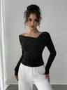 Off-shoulder V-neck Long-sleeved Cross-pleats Slim Fit Everyday T-shirts