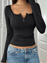 Lace Button V-neck Slim-fit Long-sleeved T-shirt