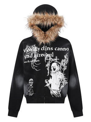 Halloween Hip Hop Fur Collar Hooded Loose Coat