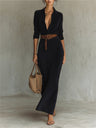 Long Sleeve Shirt Dress Shirt Collar Belt Suede Formal Evening Maxi Dress