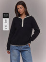 Ribbed Hooded Henley Sweater with Contrast Trim