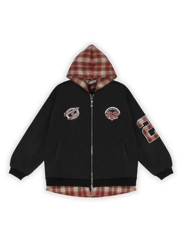 Fake Two Pieces Embroidery Plaid Splicing Hooded Jacket
