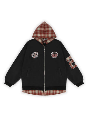 Fake Two Pieces Embroidery Plaid Splicing Hooded Jacket