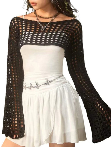 Liber Women's clothing women's tops mesh / see-through tops round neck short hollow autumn one-line neck
