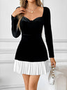 Women's Square collar Long-sleeved black patchwork short dress