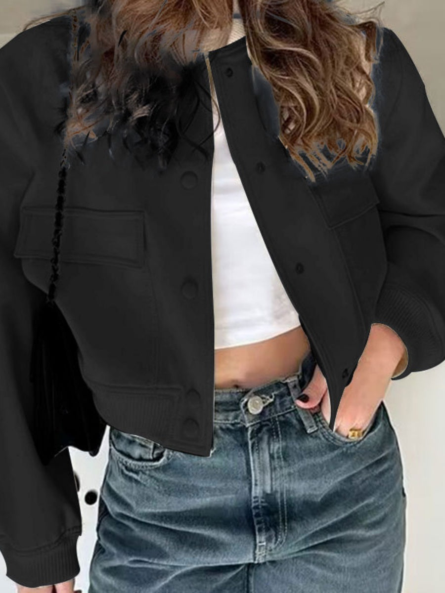 Liber Autumn Women's Pocket Solid Color Short Pocket Jackets
