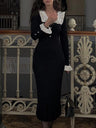 Ruffled Retro Splicing Ladies French Lapel Long Dress Knitted Skirt Sweater Dress