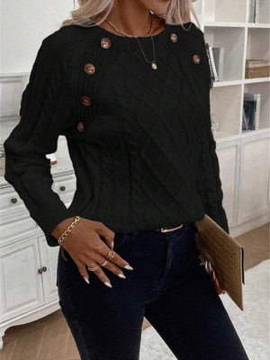 Buttons Raglan Sleeves Twisted Flower Knitted Crew Neck Sweater