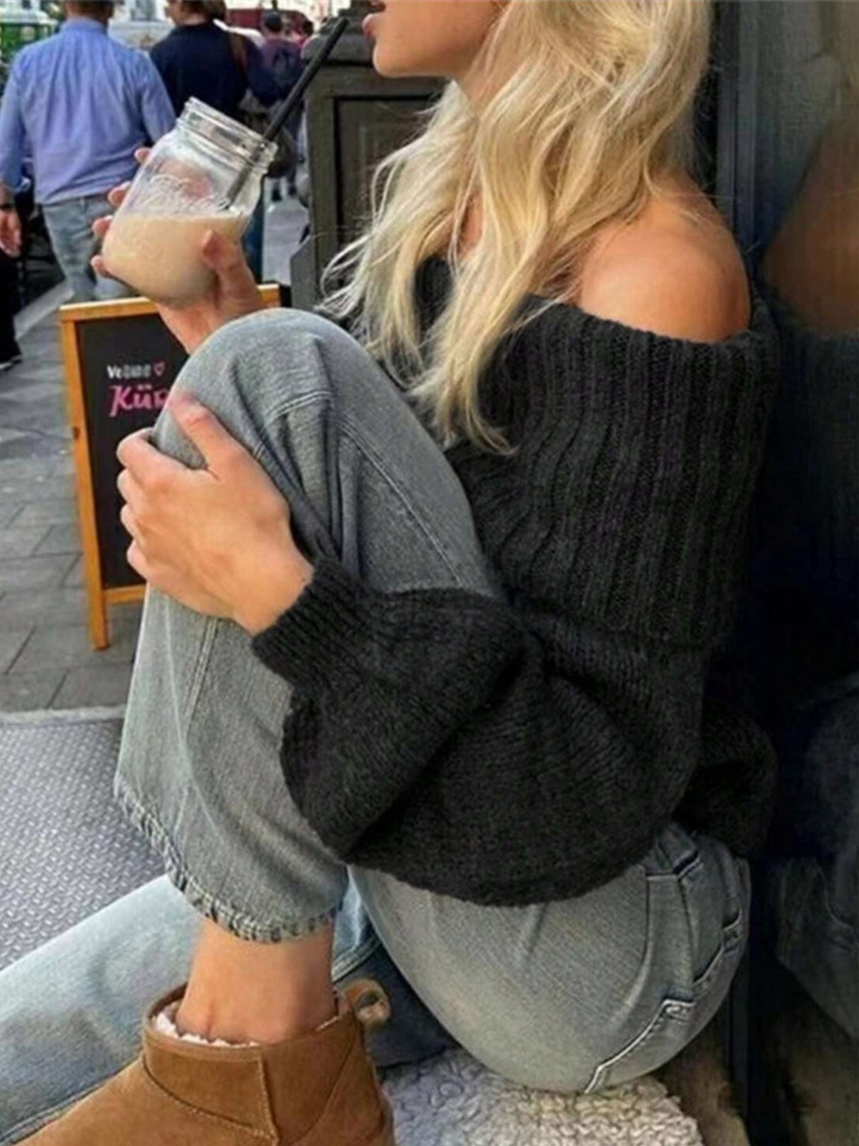 Off-shoulder Off-shoulder Balloon Sleeve Solid Color Knitted Sweater
