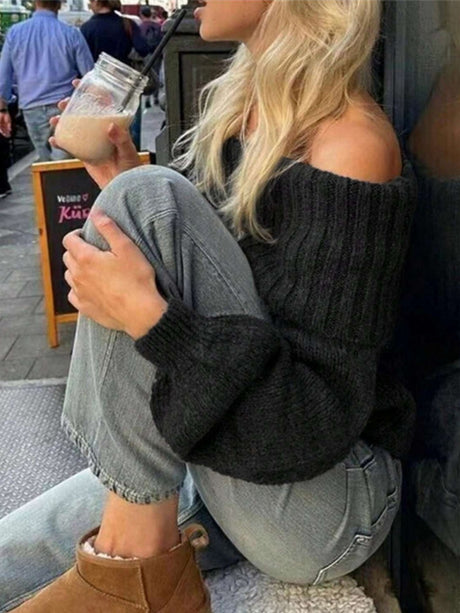 Off-shoulder Off-shoulder Balloon Sleeve Solid Color Knitted Sweater