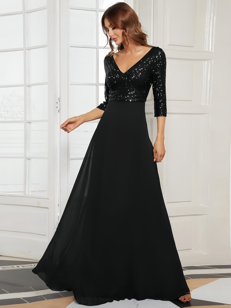 V-neck Sequins Spliced Long Dress