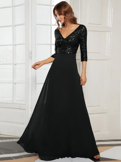 V-neck Sequins Spliced Long Dress