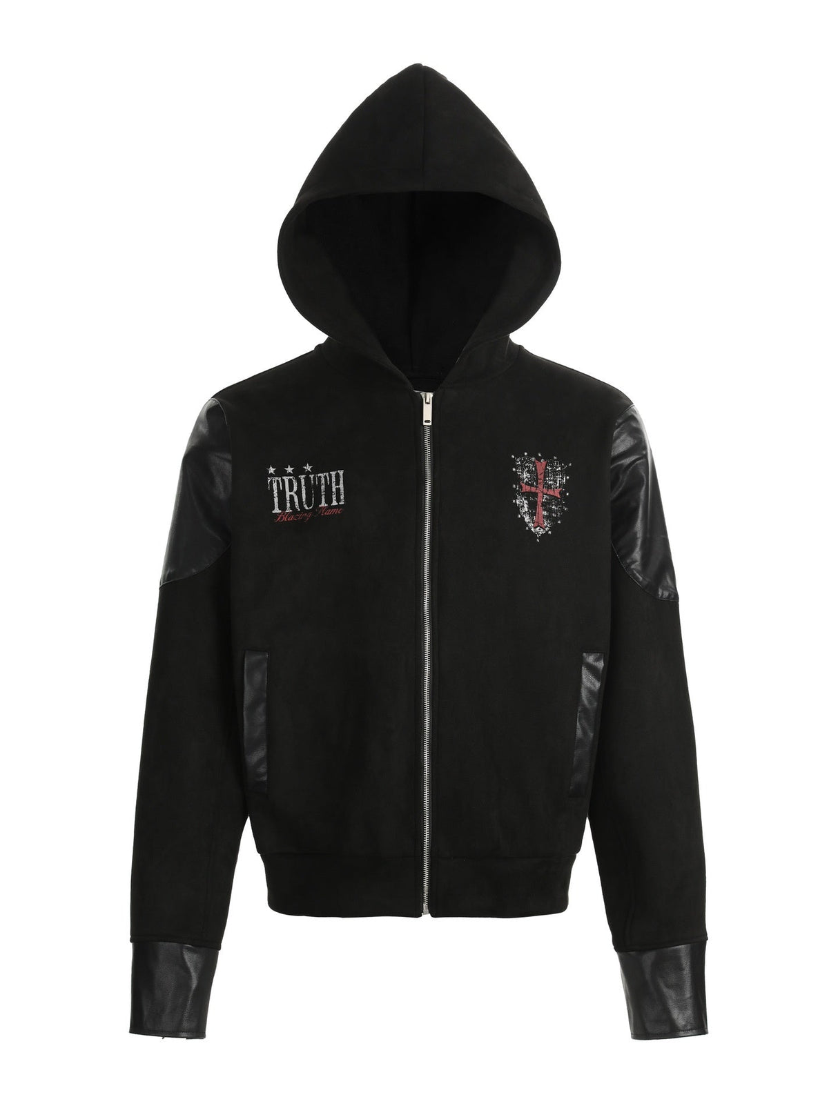 Vibe Leather Armor Splicing Deconstruction Hooded Zipper Jacket