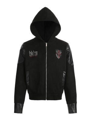 Vibe Leather Armor Splicing Deconstruction Hooded Zipper Jacket