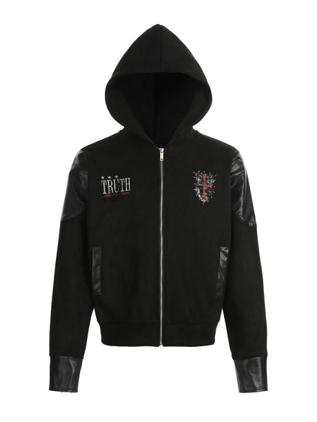 Vibe Leather Armor Splicing Deconstruction Hooded Zipper Jacket