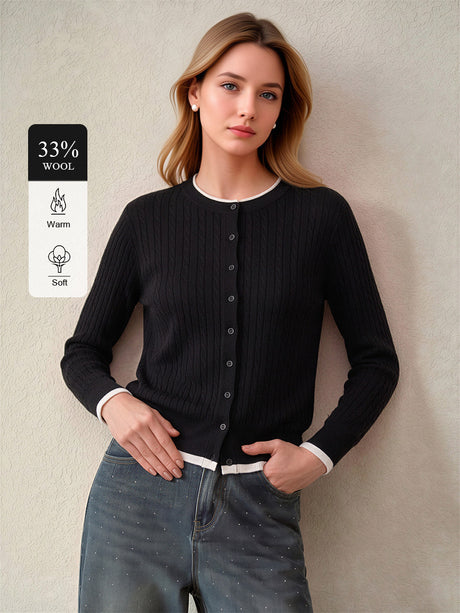 Crew Neck Striped Single-breasted Color-blocked Knit Cardigan